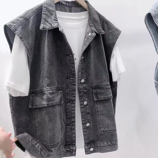 Vintage Denim Shoulder Vest Women's Loose-Fit Versatile Jacket Japanese Style Couple's Clothing No Sleeves For Outerwear
