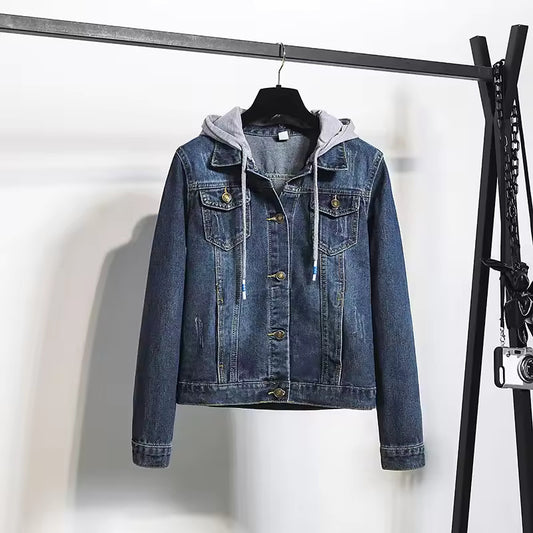 2024 Spring And Autumn New Slim Fit Denim Jacket With Cap Removable For Students Long Sleeve Plus Size Cropped Top Trendy