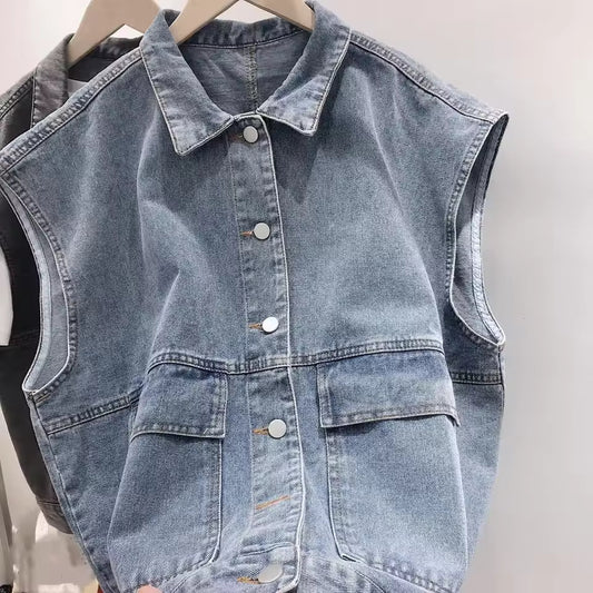 Vintage Denim Shoulder Vest Women's Loose-Fit Versatile Jacket Japanese Style Couple's Clothing No Sleeves For Outerwear