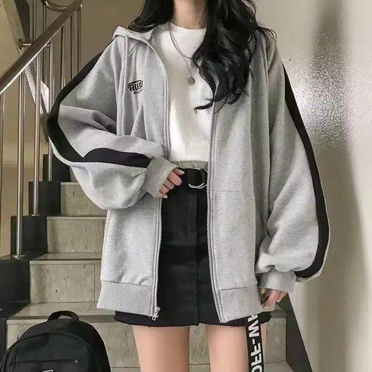 Grey Thin Hooded Sweatshirt Women's Autumn/winter Korean Style Loose-fit Zipper Embroidered Patchwork Jacket Trendy Cross-border