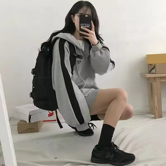 Grey Thin Hooded Sweatshirt Women's Autumn/winter Korean Style Loose-fit Zipper Embroidered Patchwork Jacket Trendy Cross-border
